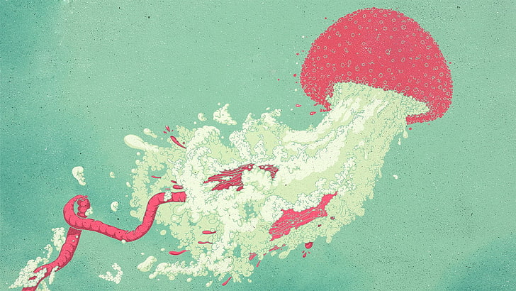 lukisan ubur-ubur merah dan abu-abu, karya seni, ubur-ubur, latar belakang sederhana, Wallpaper HD