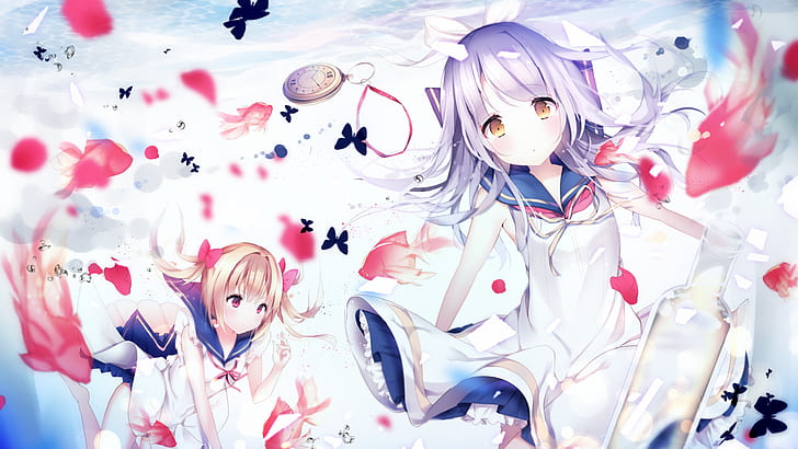 weiße, rote Blütenblätter, Anime-Mädchen, lila Haare, rosa Fische, schwarze Schmetterlinge, HD-Hintergrundbild