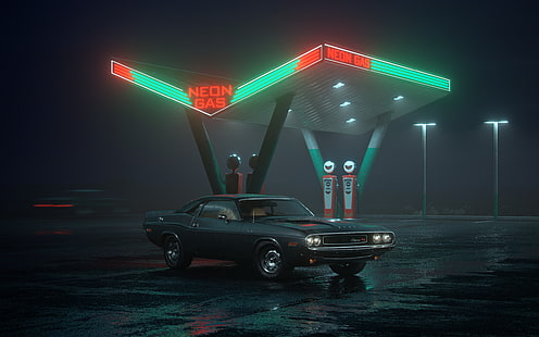 schwarzes Coupé, Dodge Challenger R / T, Auto, Neon, Tankstellen, HD-Hintergrundbild HD wallpaper