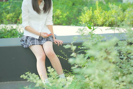 Mulheres japonesas, japão, saia, parque, pernas, HD papel de parede HD wallpaper