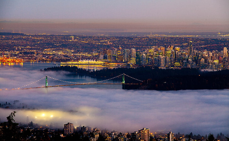 Vancouver Fog City HD Wallpaper, suspension bridge, Canada, British Columbia, City, Foggy, Bridge, Vancouver, Downtown, HD wallpaper