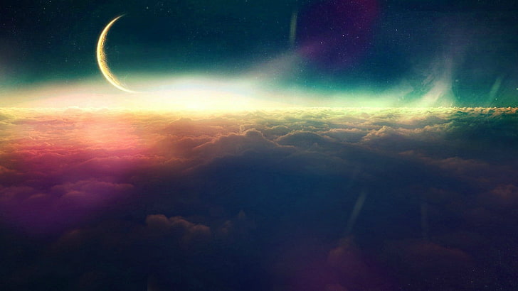 bulan dan awan, lanskap, langit, awan, seni fantasi, sinar bulan, planet, Wallpaper HD