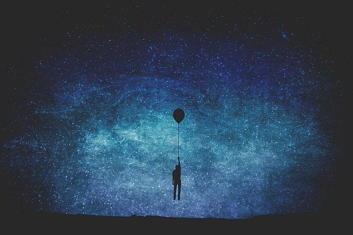 silhouette of person holding balloon, balloon, night, minimalism, HD wallpaper