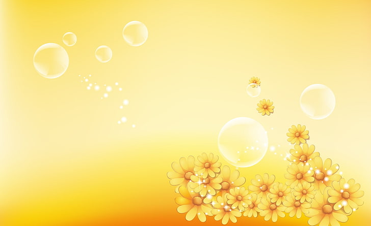 Gelbe Blumen und Blasen, gelbe Sonnenblumen, Aero, Vektorgrafiken, Gelb, Blumen, Blasen, HD-Hintergrundbild