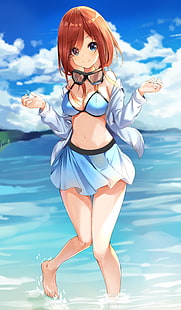 Накано Мику, аниме девушки, Go-Tōbun no Hanayome, голубое бикини, вода, чувственный взгляд, HD обои HD wallpaper
