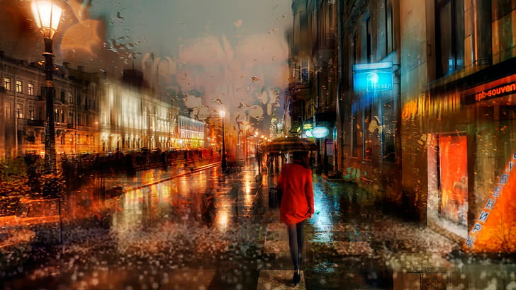 femme avec parapluie peinture, pluie, Fond d'écran HD