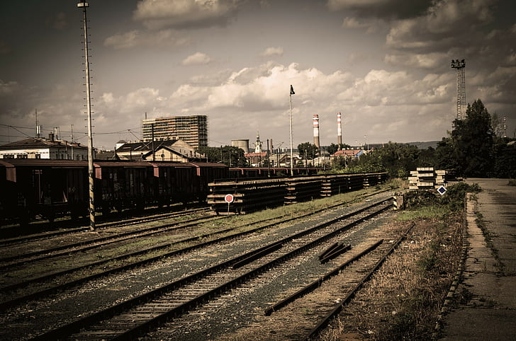 kereta api, stasiun kereta api, tua, halaman rel, langit, awan, Pripyat, ditinggalkan, kereta api, bisu, Ukraina, Wallpaper HD