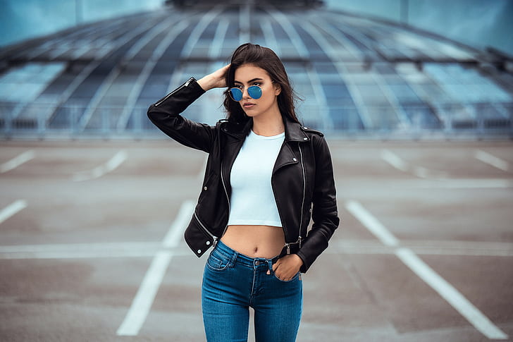 women, portrait, belly, sunglasses, leather jackets, jeans, women outdoors, hands in pockets, women with shades, hands on head, white tops, short tops, black jackets, Anatoli Oskin, Laura Theresa, HD wallpaper