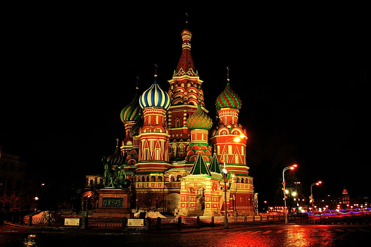 Catedrales, Catedral de San Basilio, Catedral, Colorido, Cúpula, Moscú, Noche, Religiosa, Rusia, Fondo de pantalla HD