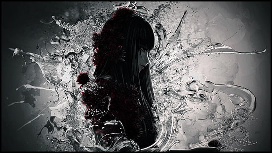 أنيمي ، موكب الموت ، الشعر الأسود ، تشيوكي (موكب الموت) ، زهرة ، ماء، خلفية HD HD wallpaper