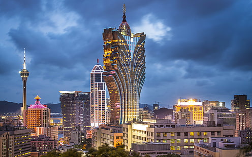 Macao, Cina, hotel, grattacielo, Macao, Cina, hotel, grattacielo, costruzione, skyline della città notturna, Sfondo HD HD wallpaper