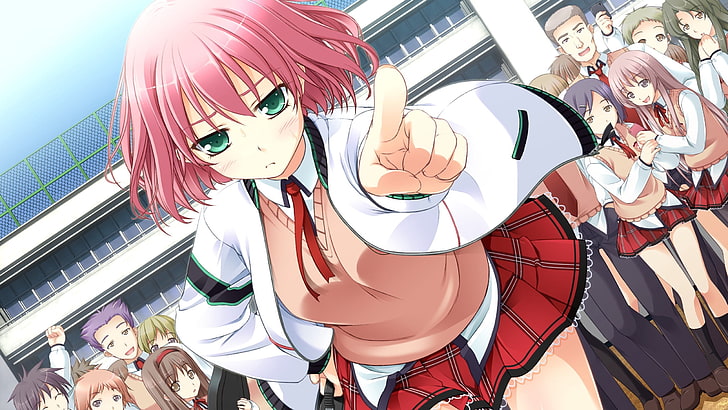 pink haired female anime character illustration, anime, girl, crowd, discontent, gesture, threat, HD wallpaper