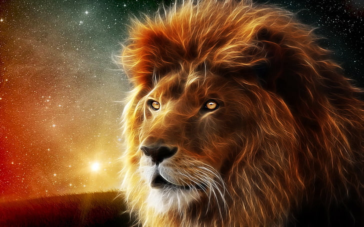 león marrón, león, cara, melena, rey de las bestias, abstracción, Fondo de pantalla HD