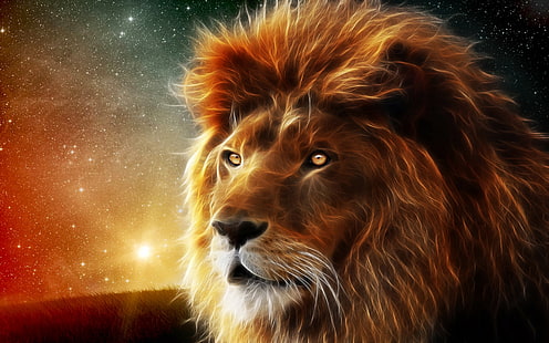 leone marrone, leone, faccia, criniera, re degli animali, astrazione, Sfondo HD HD wallpaper