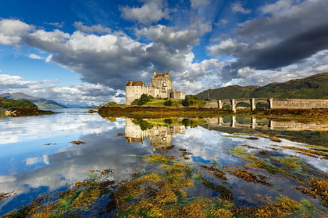 natureza, paisagem, castelo, arquitetura, velho, ponte, lago, reflexão, nuvens, colinas, luz solar, Escócia, Eilean Donan, HD papel de parede HD wallpaper
