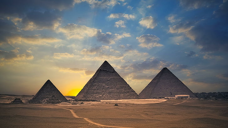исторически, древен, пейзаж, пясък, паметник, облак, древна архитектура, Гиза, история, пирамиди, залез, архитектура, пустиня, облаци, небе, пирамида, Египет, HD тапет