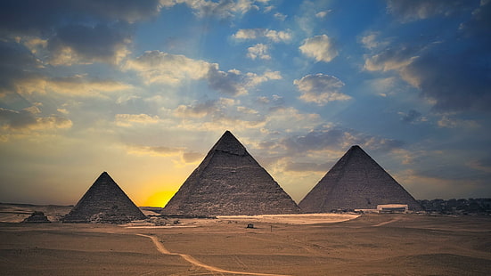 histórico, antiguo, paisaje, arena, monumento, nube, arquitectura antigua, giza, historia, pirámides, puesta de sol, arquitectura, desierto, nubes, cielo, pirámide, egipto, Fondo de pantalla HD HD wallpaper