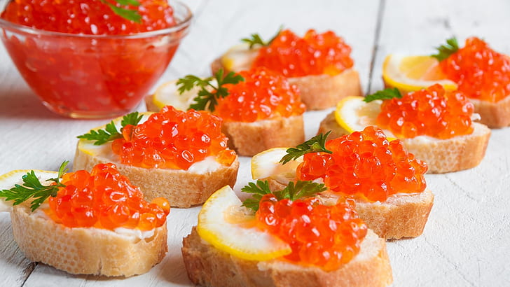 caviar, caviar sandwich, appetizer, sandwich, finger food, seafood, red caviar, food, HD wallpaper