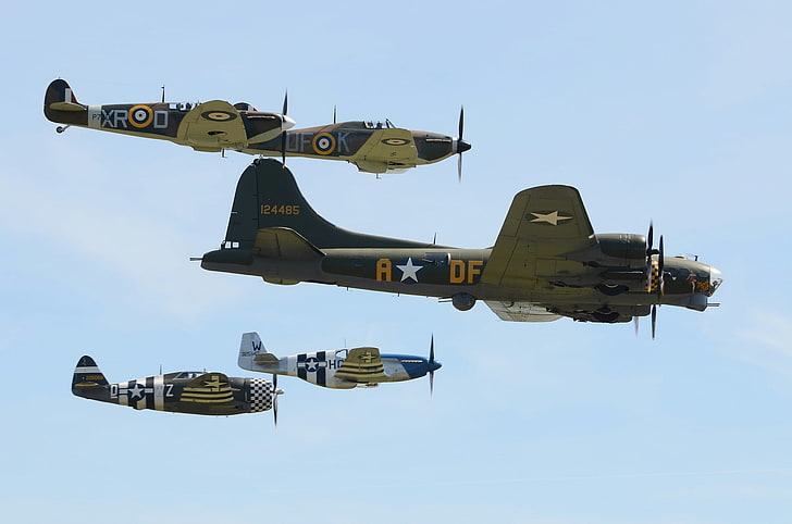 Boeing, flight, bomber, Spitfire, Hawker Hurricane, B-17, P-51 Mustang, P-47 Thunderbolt, HD wallpaper