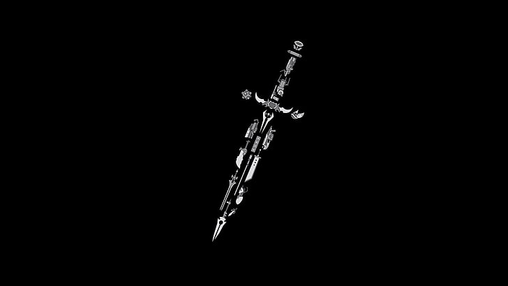 espada preta clip-art, arma, arma de fantasia, minimalismo, jogos de vídeo, trabalho artístico, fundo preto, colagem, HD papel de parede