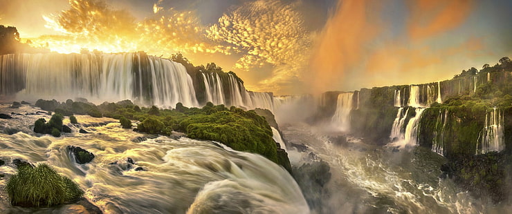 Waterfalls, Iguazu Falls, Brazil, Glow, Sunset, Waterfall, HD wallpaper HD wallpaper