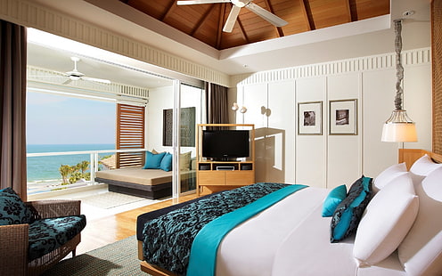Quarto de hotel de praia, mar, móveis, design de interiores, hotel, HD papel de parede HD wallpaper