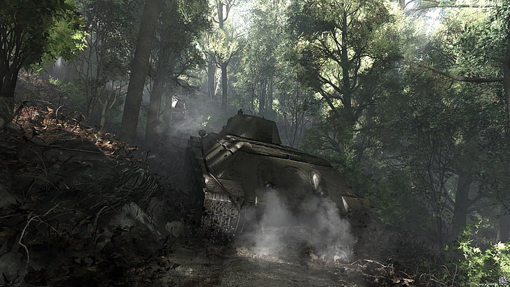 captura de tela ainda jogo, floresta, fumaça, arte, tanque, T-34-76, tanque soviético, trovão de guerra, hibikirus, HD papel de parede