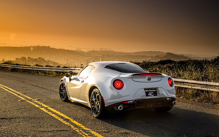 white sports car, car, road, Alfa Romeo, Alfa Romeo 4C, sunset, landscape, HD wallpaper
