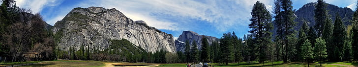 panorama, panorama, trippel skärm, flera skärmar, natur, fotografi, Yosemite Valley, Yosemite National Park, Half Dome, klippa, berg, träd, skog, HD tapet