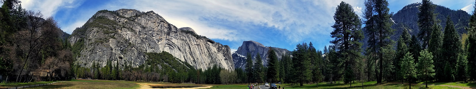 panorama, panorama, trippel skärm, flera skärmar, natur, fotografi, Yosemite Valley, Yosemite National Park, Half Dome, klippa, berg, träd, skog, HD tapet HD wallpaper