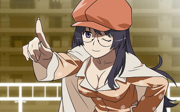 black-haired female anime character illustration, girl, brunette, finger, gesture, cap, HD wallpaper