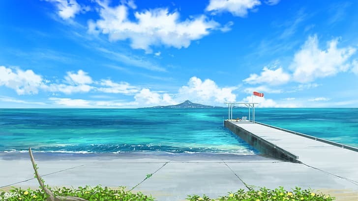 waterscape, pier, water, clouds, sea, pei (sumurai), signature, horizon, sky, grass, island, sunbed, log, flowers, flag, windy, HD wallpaper
