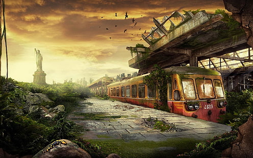 بعد نهاية العالم ، قطار برتقالي تحت رسم جسر ، فن وإبداع ، فن ، قطار، خلفية HD HD wallpaper