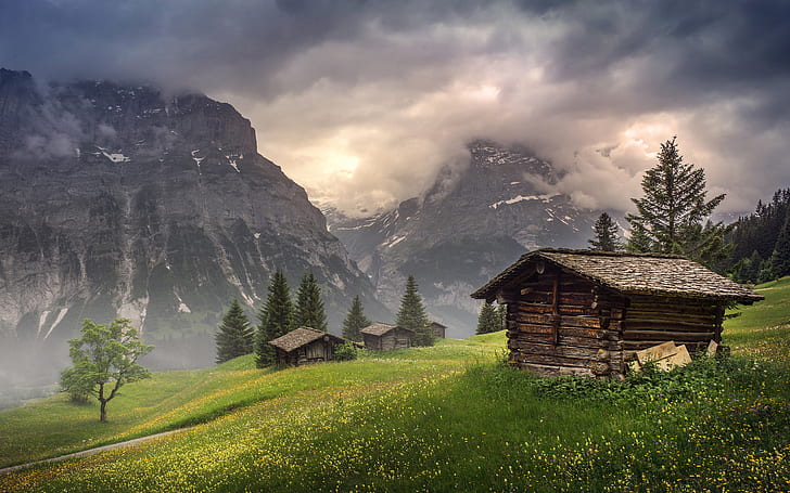 Cabin Shed Grass Mountains Clouds Trees HD, nature, trees, clouds, mountains, grass, cabin, shed, HD wallpaper