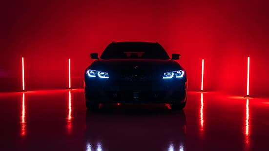  BMW M340i, vehicle, car, low light, Headlights, red light, reflection, HD wallpaper HD wallpaper