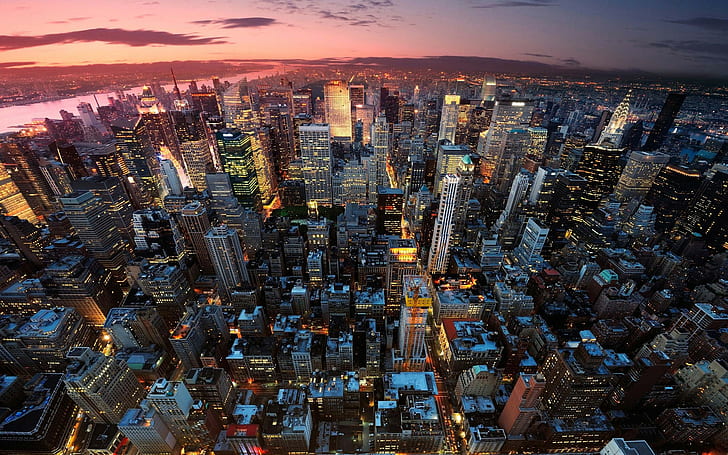 Manhattan, sungai, kota, Kota New York, bangunan, matahari terbenam, Empire State, Wallpaper HD