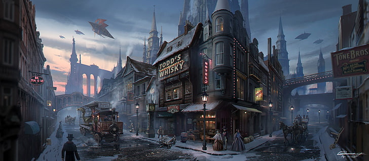 Mystery Files game graphic, street, house, building, people, horse, artwork, steampunk, HD wallpaper
