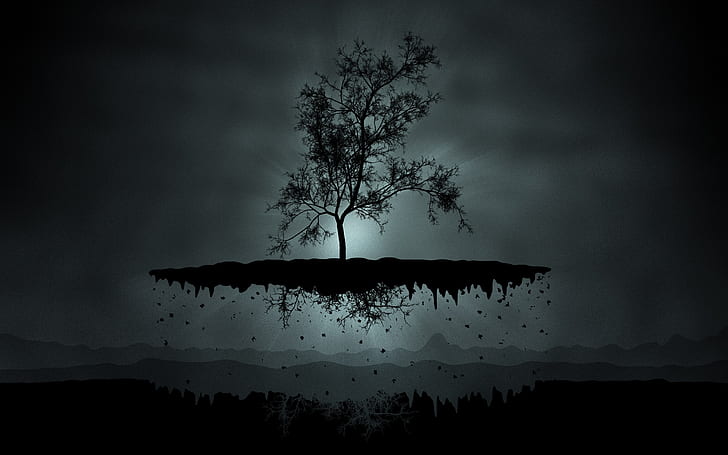 Trying to grow up, silhouette photo of floating tree, tree, fantasy, background, dark, HD wallpaper