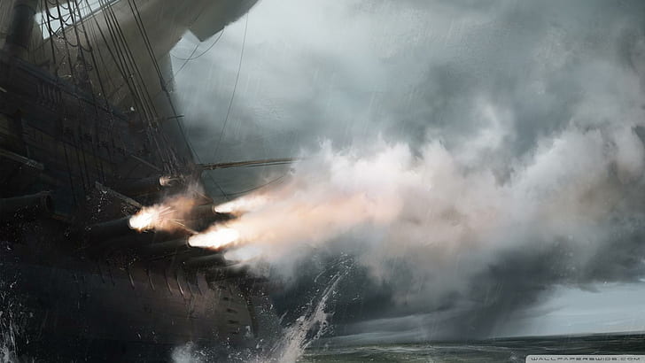 Assassins Creed Iii Ship Battle, นักฆ่า, ลัทธิ, การต่อสู้, เรือ, ปืนใหญ่, มือสังหาร, เกม, วอลล์เปเปอร์ HD