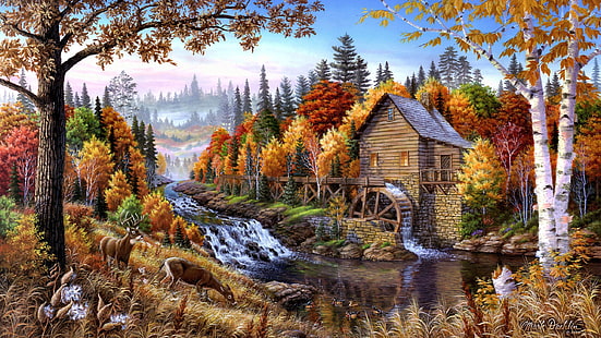 Дом в гората живопис с масло, Дом, гора, масло, живопис, HD тапет HD wallpaper