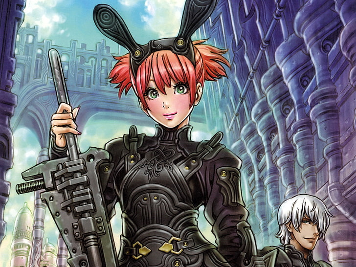 pinkhaarige Anime-Mädchenillustration, Junge, Mädchen, Waffen, Rüstung, Felsen, HD-Hintergrundbild
