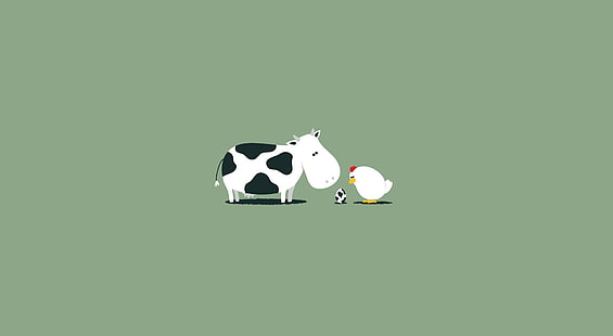 Смешные коровье яйцо, белый и черный скот и белая курица иллюстрации, смешные, фон, курица, HD обои HD wallpaper
