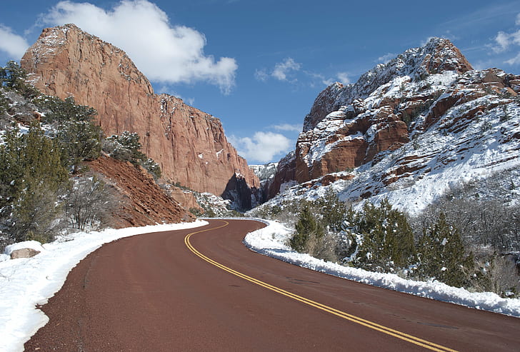 curved road between mountain covered in snow at daytime, Kolob Canyons, Road, mountain, daytime, Snowfall, Zion  National  Park, Snow, Winter, Geology, nature, landscape, outdoors, scenics, HD wallpaper