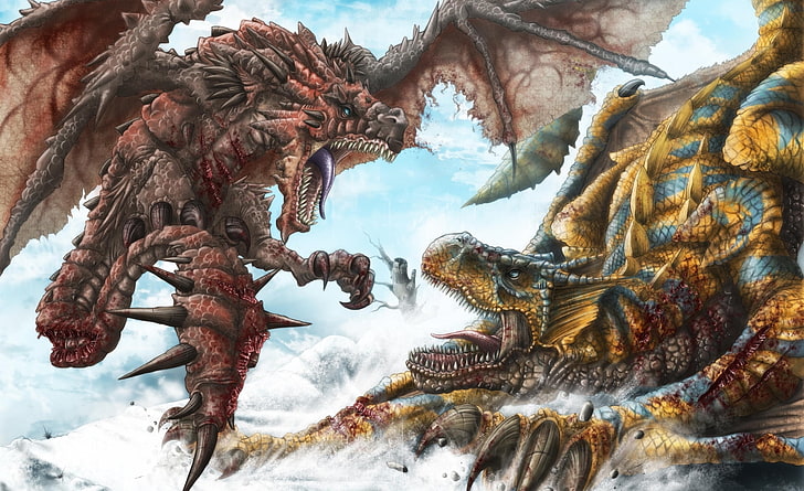 два коричневых и желтых дракона цифровые обои, снег, кровь, драконы, арт, шипы, пасть, битва, раны, HD обои