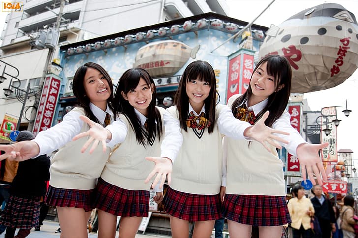 Япония, азиатски, жени, ученичка, униформа за ученичка, Осака, брюнетка, къса пола, HD тапет