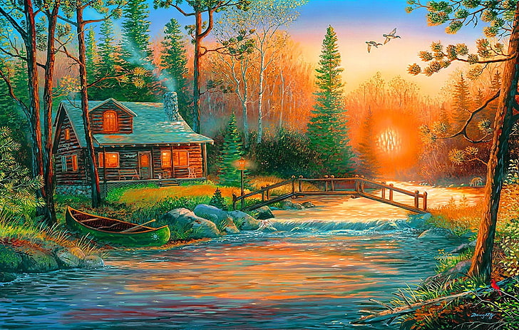 Artistic, Painting, Bridge, Canoe, House, River, HD wallpaper