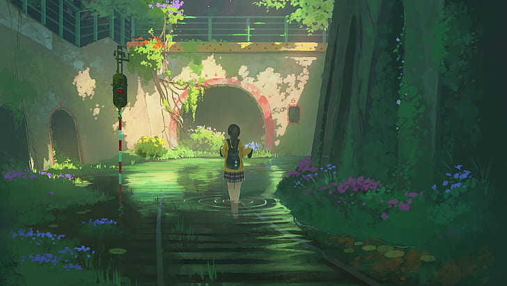 Anime Mädchen, Illustration, Stadt, Natur, originelle Charaktere, HD-Hintergrundbild