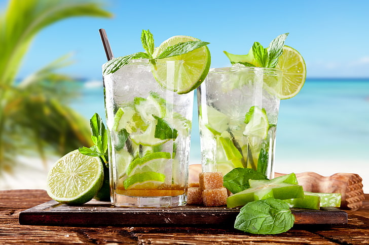 две прозрачни чаши за пиене, плаж, лято, тропици, коктейл, лайм, напитка, мента, HD тапет