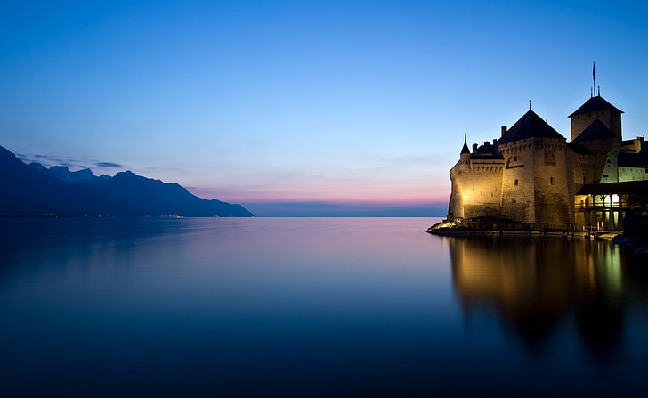 ปราสาท Chillon, Montreux, บ้านคอนกรีตสีเทา, ยุโรป, สวิตเซอร์แลนด์, พลบค่ำ, ธรรมชาติ, Montreux, Chateau de Chillon, ปราสาท Chillon, Lake Leman, Veytaux, วอลล์เปเปอร์ HD