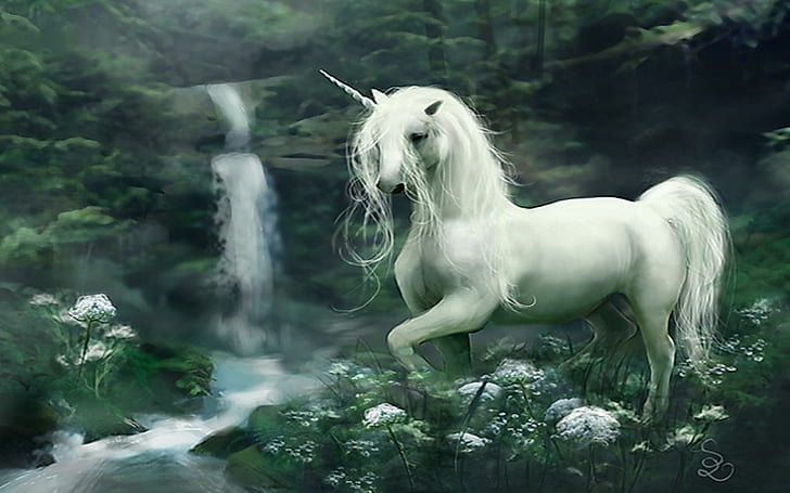 White Unicorn, spirit, lovely, spiritual, unicorn, white, beautiful, magic, waterfall, flowers, soul, novel, HD wallpaper